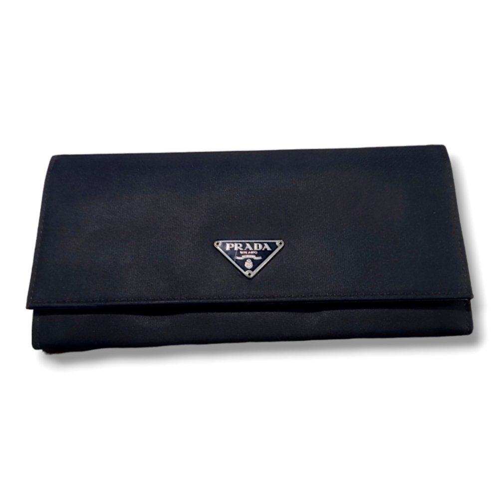 Prada Tessuto Authentic Black Nylon and Leather Long Wallet